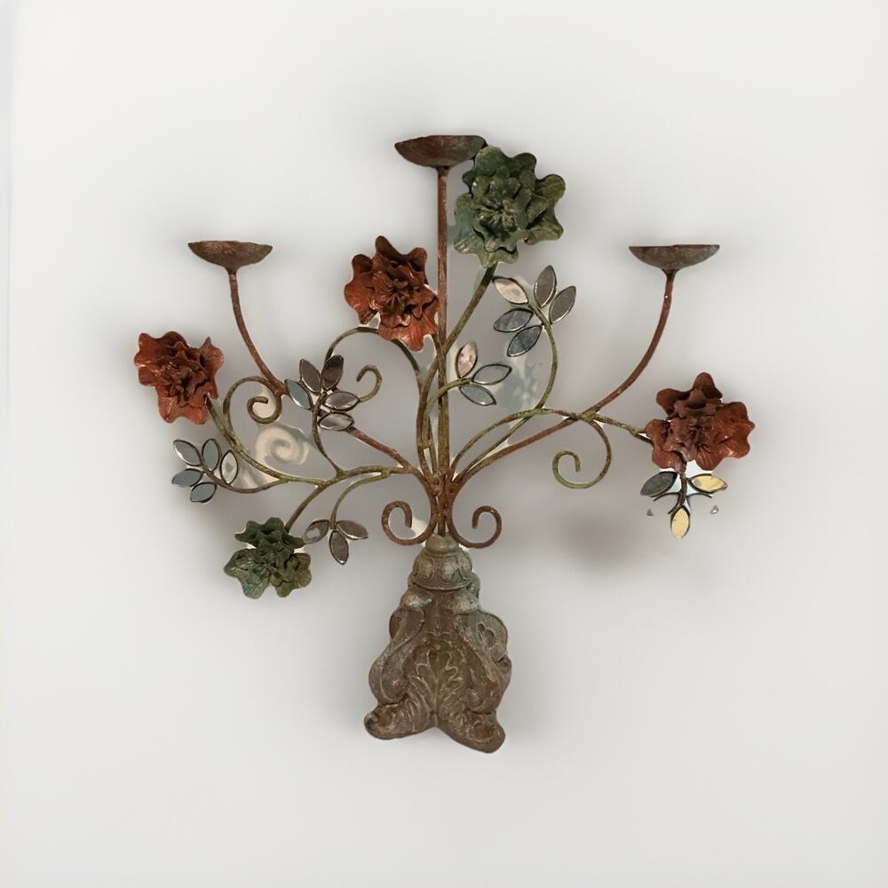Vintage French Floral Candelabra Metal Tole Candle Holder Shabby Chic 15”